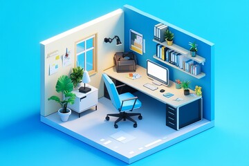 Design a playful, isometric office room in a 1x1x1 cube, with a focus on dynamic, cartoonish elements. Use professional lighting techniques to create a visually interesting image with clear depth and