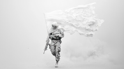 Transformation of Conflict - Soldier with Weapon Turning into White Flag, Symbol of Peace and Surrender, Generative Ai