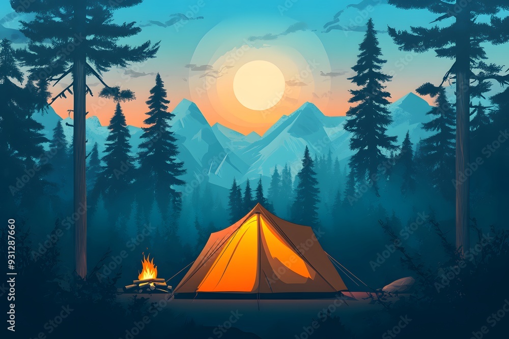 Wall mural Vector landscape of sunset in the mountains with a tent