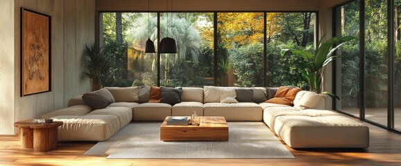 Fototapeta premium Living Room With Beige Modular Sofa And Wooden Coffee Table, Emphasizing Cozy Design
