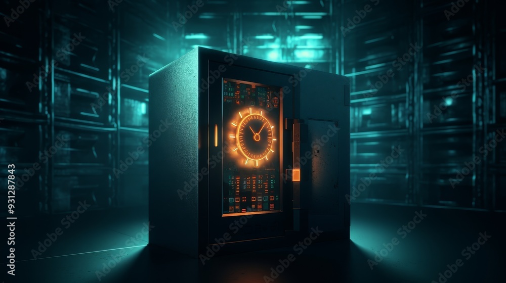 Poster a futuristic vault with an illuminated dial and intricate design, set in a high-tech environment, sy