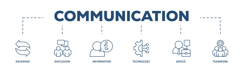 Communication icons process structure web banner illustration of exchange, discussion, information, technology, advice, and teamwork icon png transparent background.