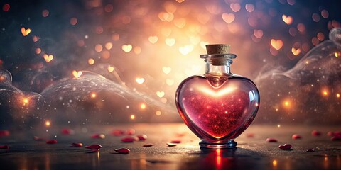 Enchanting vintage love potion bottle surrounded by heart-shaped bubbles creating a magical atmosphere of love, love