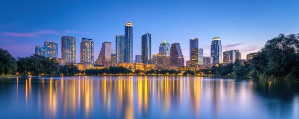 City skyline at dusk with glowing lights reflecting in the water