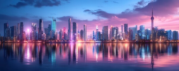 Obraz premium City skyline at dusk with glowing lights reflecting in the water