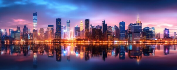 Fototapeta premium City skyline at dusk with glowing lights reflecting in the water