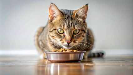 Cat enjoying a meal of cat food, cat, eats, pet, food, feline, mealtime, hungry, nutrition, domestic, cute, furry, whiskers