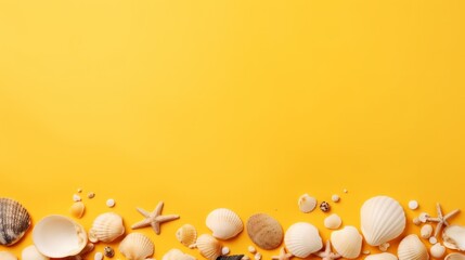 Many different seashells on bright yellow background. Neural network ai generated art