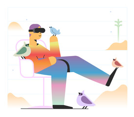 Man in vr headset with birds around him