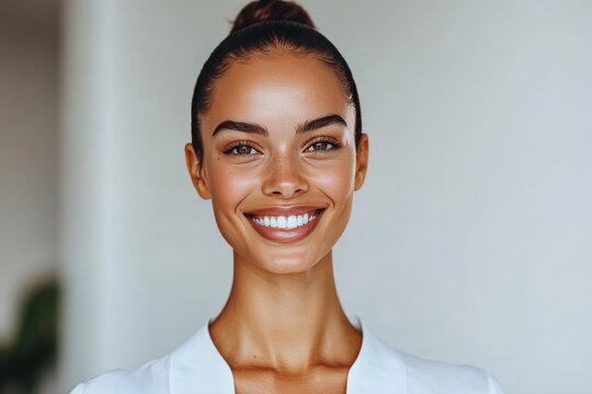 Smiling young woman with a natural glow exuding confidence and health captured in a clean minimalist setting that highlights simplicity and modern beauty