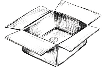 Minimalist Sketch of Empty Opened Cardboard Box in Clean Black and White Design