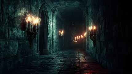 Obraz premium Dark Stone Corridor with Candlelight