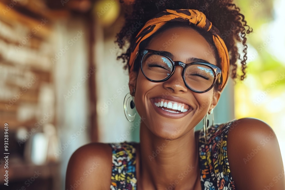 Wall mural happy woman with glasses and a joyful smile captured in a bright lively café setting representing co