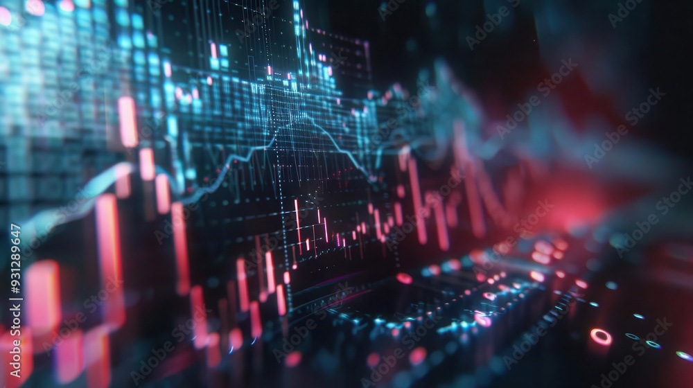 Poster close-up of a colorful digital stock market chart with dynamic data visualization, representing fina