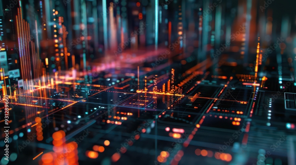 Poster a vibrant digital cityscape with glowing lines and data streams, representing advanced technology an