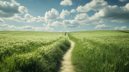 Fototapeta premium A narrow path winds through fields of green, under the wide-open sky. --ar 16:9 --v 6.1 Job ID: a7d37065-9dbf-4adb-9a31-c401d2b5fc46