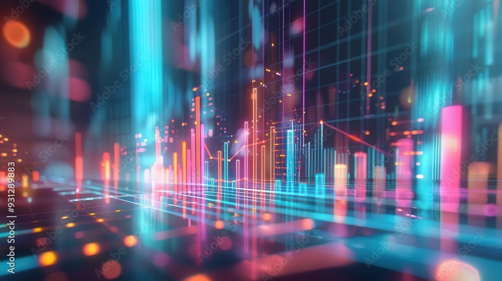 Poster vibrant visualization of data trends with colorful bars and glowing lines, representing dynamic anal