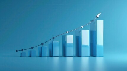 A modern blue bar graph representing growth trends in business, showcasing increasing data points and a rising arrow for success.
