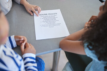 Mother, children or paper with house rules for checklist, daily routine or agreement in home....