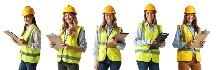 Happy woman engineer worker working with holding clipboard on white background. Female technician wear safety helmet, uniform checking and working