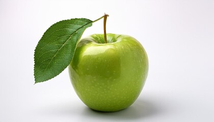 Bright Green Apple with Leaf: Clean and Fresh Healthy Food Concept on White Background