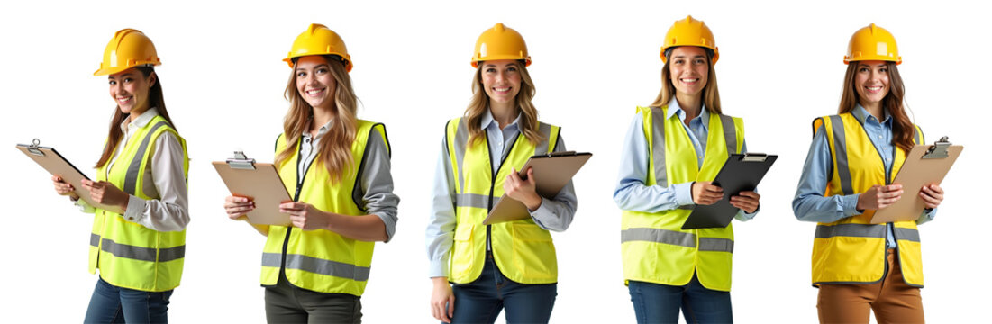 Happy woman engineer worker working with holding clipboard on white background. Female technician wear safety helmet, uniform checking and working