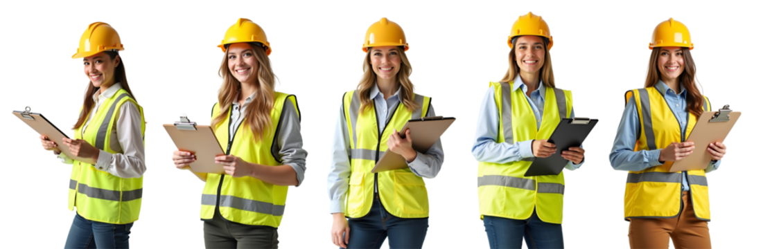 Happy woman engineer worker working with holding clipboard on white background. Female technician wear safety helmet, uniform checking and working - Powered by Adobe