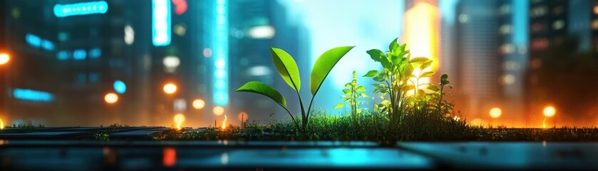 Obraz premium 3D bioluminescent plants lighting up an urban park, biotechnology ecology, sustainable cityscapes