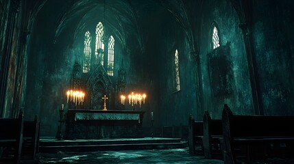 Eerie Church Interior with Candles and Gothic Architecture
