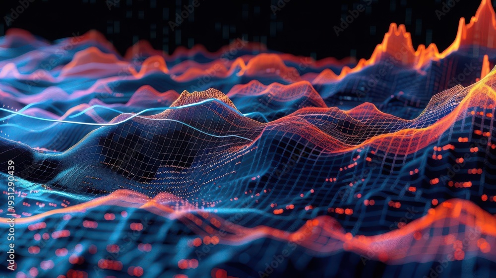 Poster stunning abstract visualization of data waves with vibrant colors, representing technology, analytic