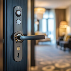Hotel Security: Close-Up of a Digital Lock on a Hotel Room Door, Updated Version