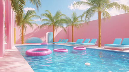 Fototapeta premium Vibrant pink-themed pool area featuring palm trees and colorful floaties on a sunny day