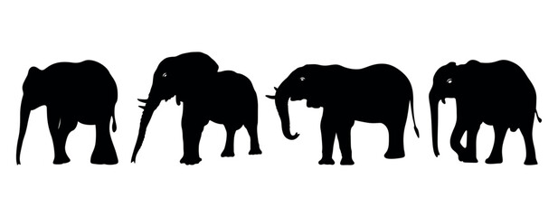 Set of Elephant Silhouettes. Silhouette of elephants. Elephant shadow hand drawn. Animal Elephant Silhouettes vector illustration