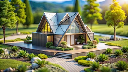 Geometrically inspired miniature house with angular shapes and creative landscaping, geometric, miniature, house