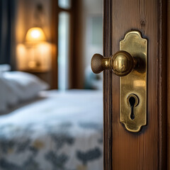 Obraz premium Bedroom Privacy: Close-Up of a Brass Latch on a Bedroom Door