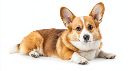 A brown and white corgi dog laying down on a white background with its paws on the ground and looking at the camera.