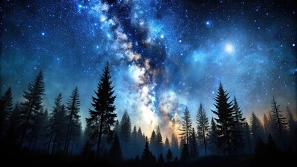 Fototapeta premium Starry night sky over dark forest silhouette, stars, trees, forest, silhouette, night sky, nature, landscape, beauty