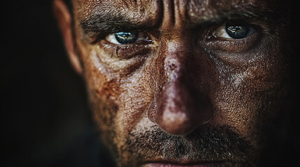 Obraz premium A close up portrait of rugged man with intense eyes, conveying determination and resilience. His face is marked with dirt and sweat, reflecting hard life.