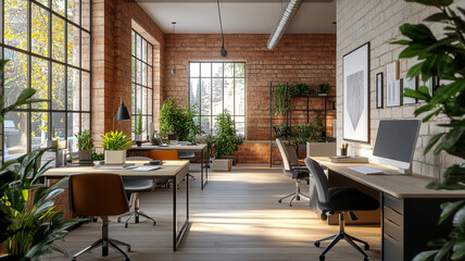 Fototapeta premium Bright and airy modern office interior with greenery and natural light