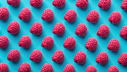 Raspberry pattern on blue background, top view , ripe, red, raspberry, blue, background, vegan,...