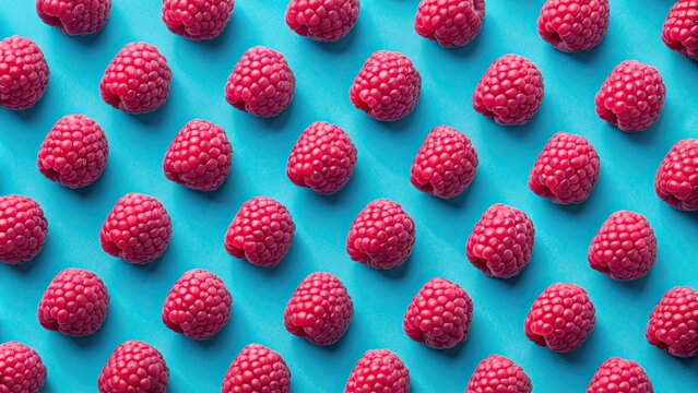 Raspberry pattern on blue background, top view , ripe, red, raspberry, blue, background, vegan, food, detox, summer, fresh