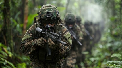 Elite Soldiers in Camouflage Marching Through Dense Forest Ready for combat, Generative Ai