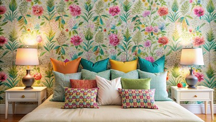 Cozy bedroom with colorful pillows and stylish wallpaper, cozy, bedroom, interior, colorful, pillows, stylish, wallpaper