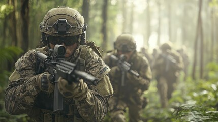Fototapeta premium Military Patrol in Camouflage Marching Through Dense Forest with Weapons Ready, Generative Ai