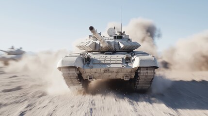 Armored Tank Advancing in Desert Terrain with Dust Cloud - Military Power Concept, Generative Ai