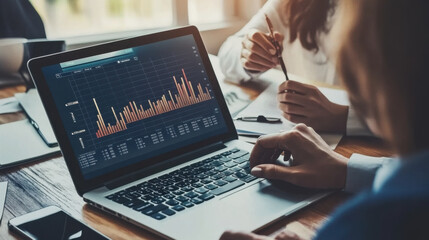 Male financial advisor consulting with a female project manager, analyzing data on a laptop