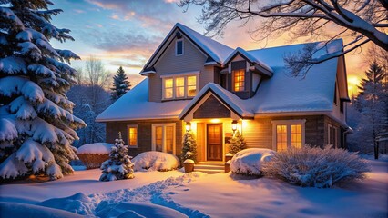 House illuminated by a soft winter glow with snow, creating a cozy and cold exterior atmosphere