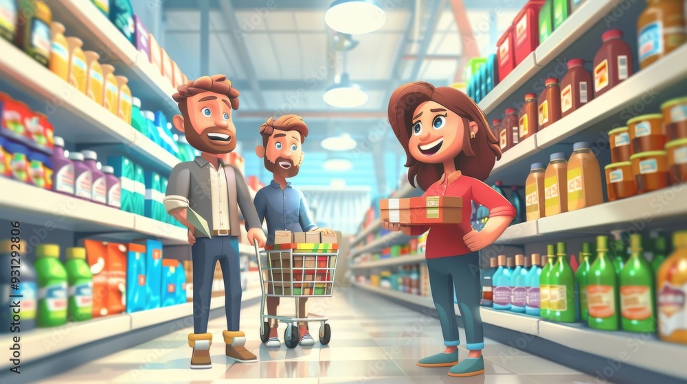 Aufkleber animated characters in a store aisle, each with a shopping cart, eagerly picking up items from a she