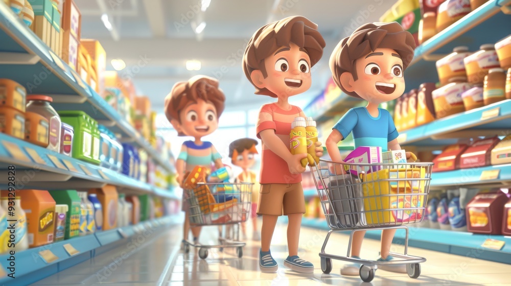 Poster animated characters in a store aisle, each with a shopping cart, eagerly picking up items from a she