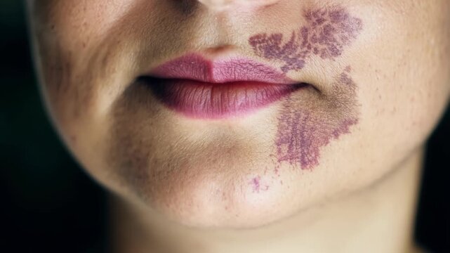 Brave woman with purple lipstick reveals signs of domestic violence, showing the impact on her skin. She looks sad and fearful, emphasizing the pain caused by violence